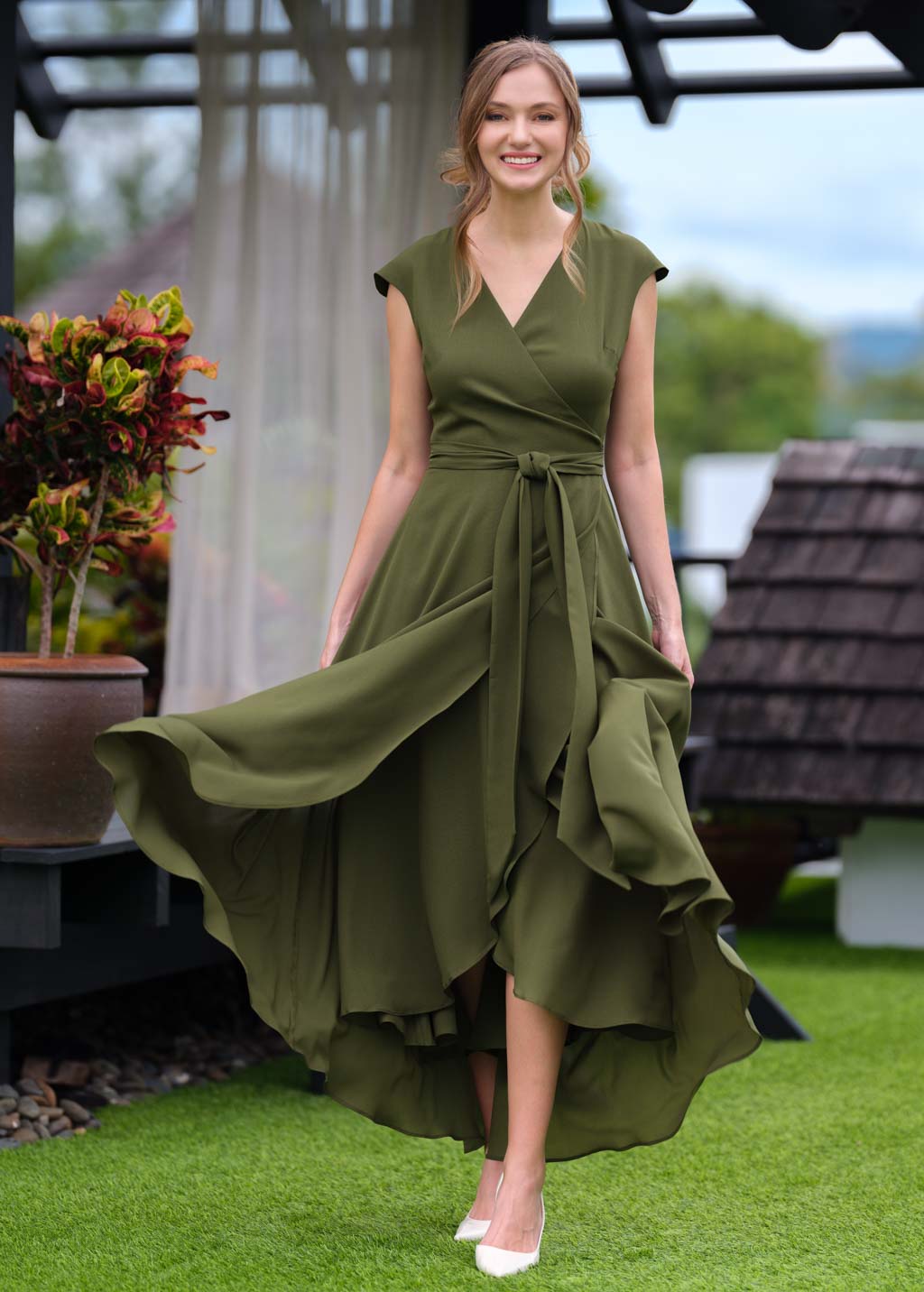 Olive green chiffon wrap dress