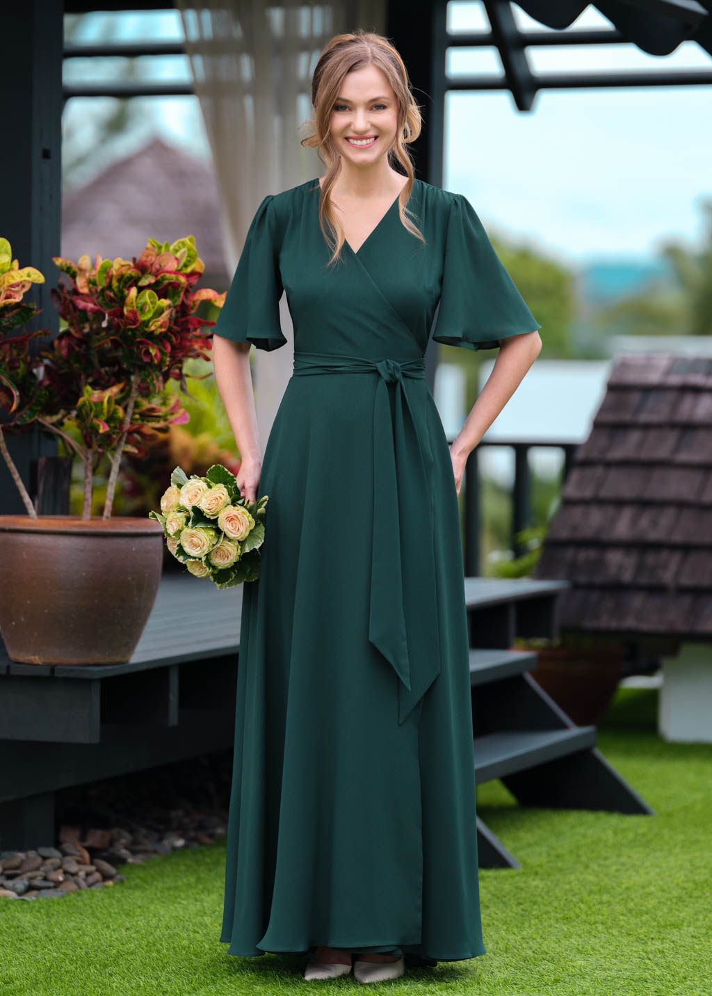 Dark green chiffon long wrap dress