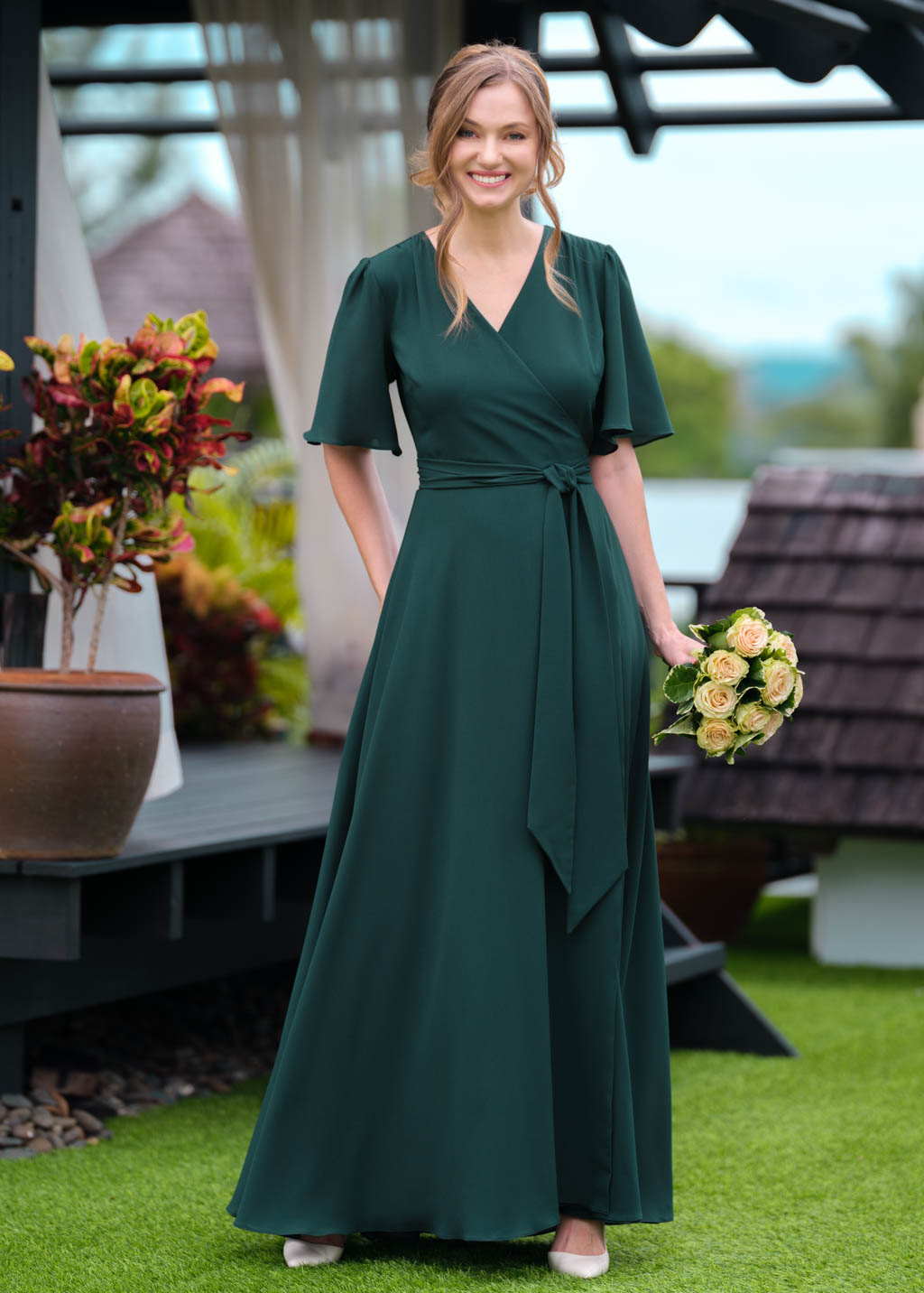 Dark green chiffon long wrap dress