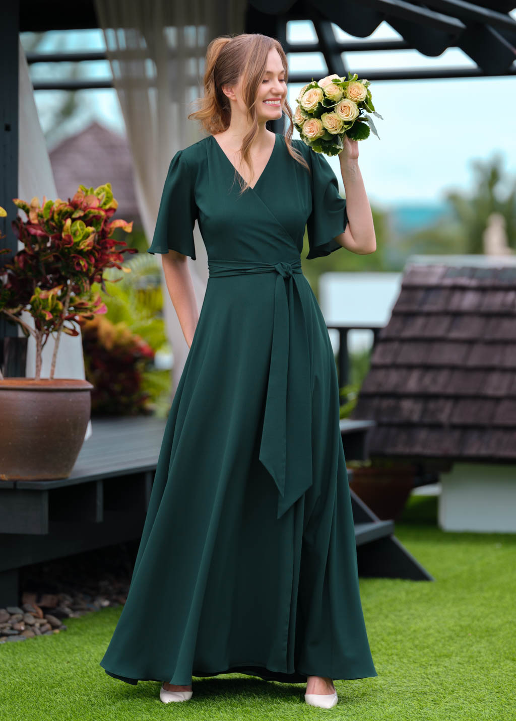 Dark green chiffon long wrap dress