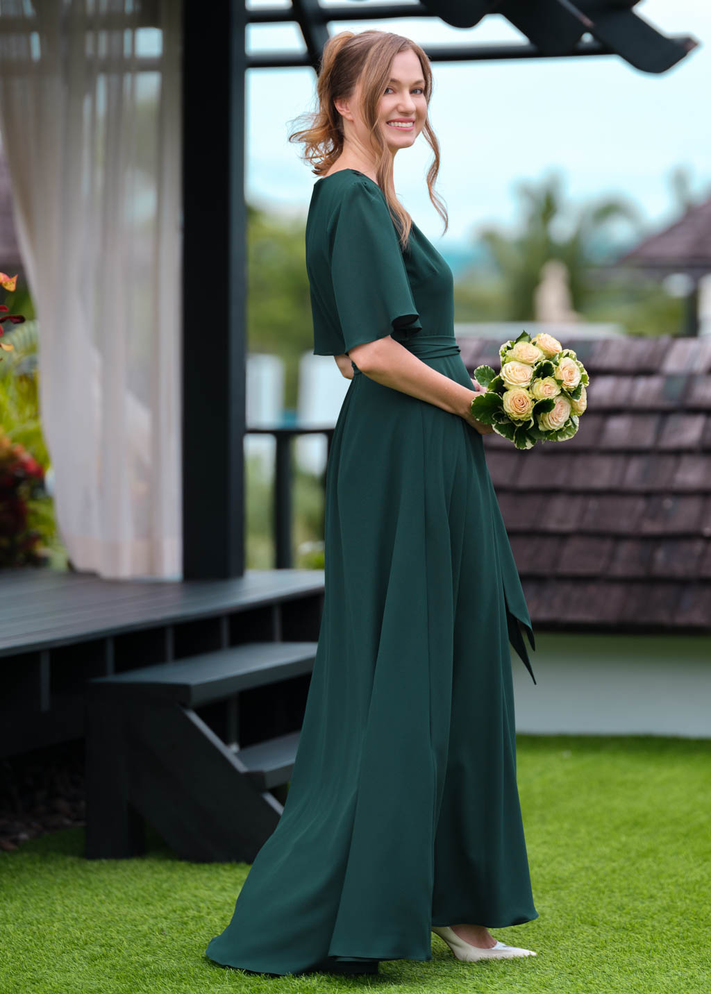 Dark green chiffon long wrap dress