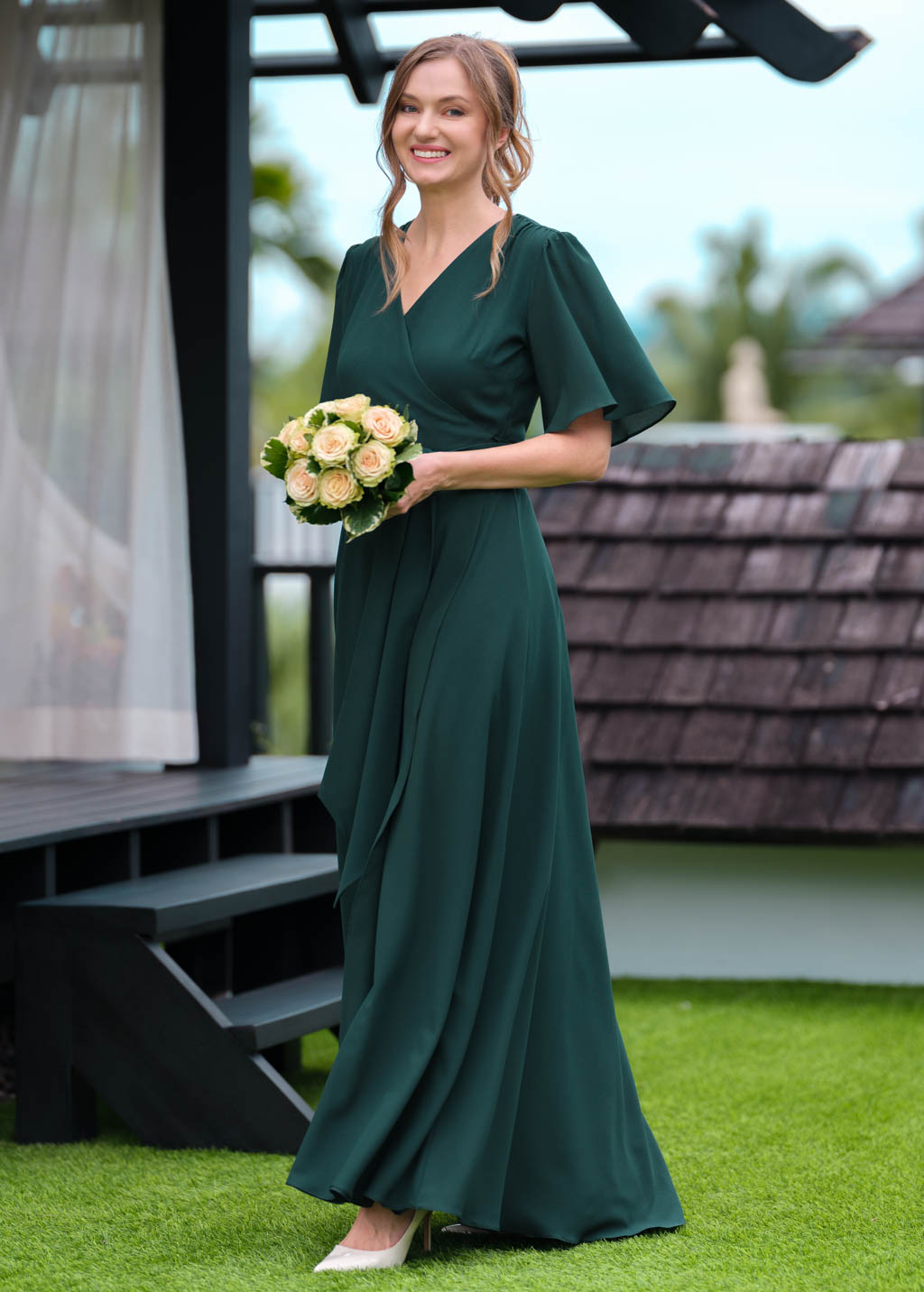 Dark green chiffon long wrap dress