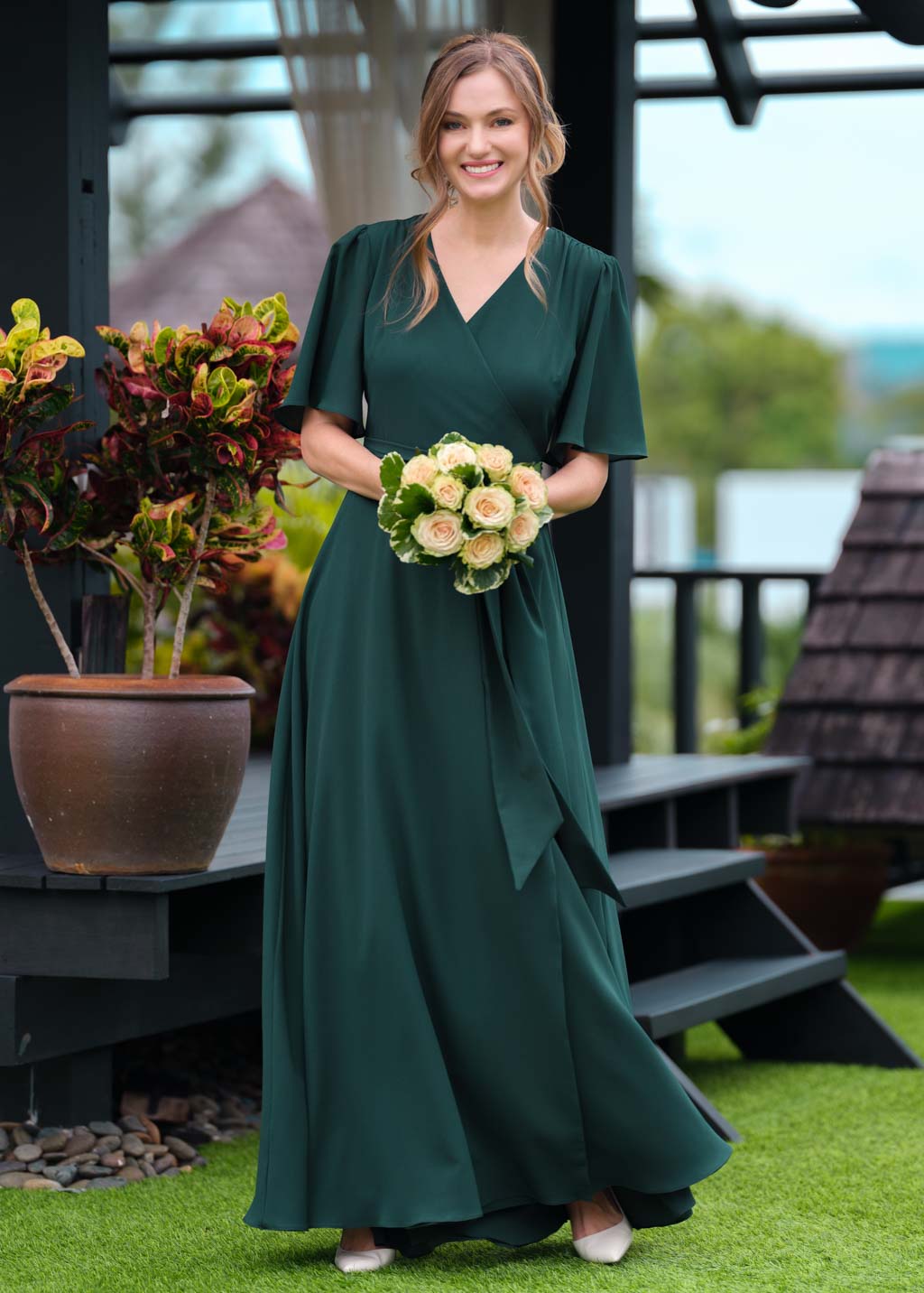 Dark green chiffon long wrap dress