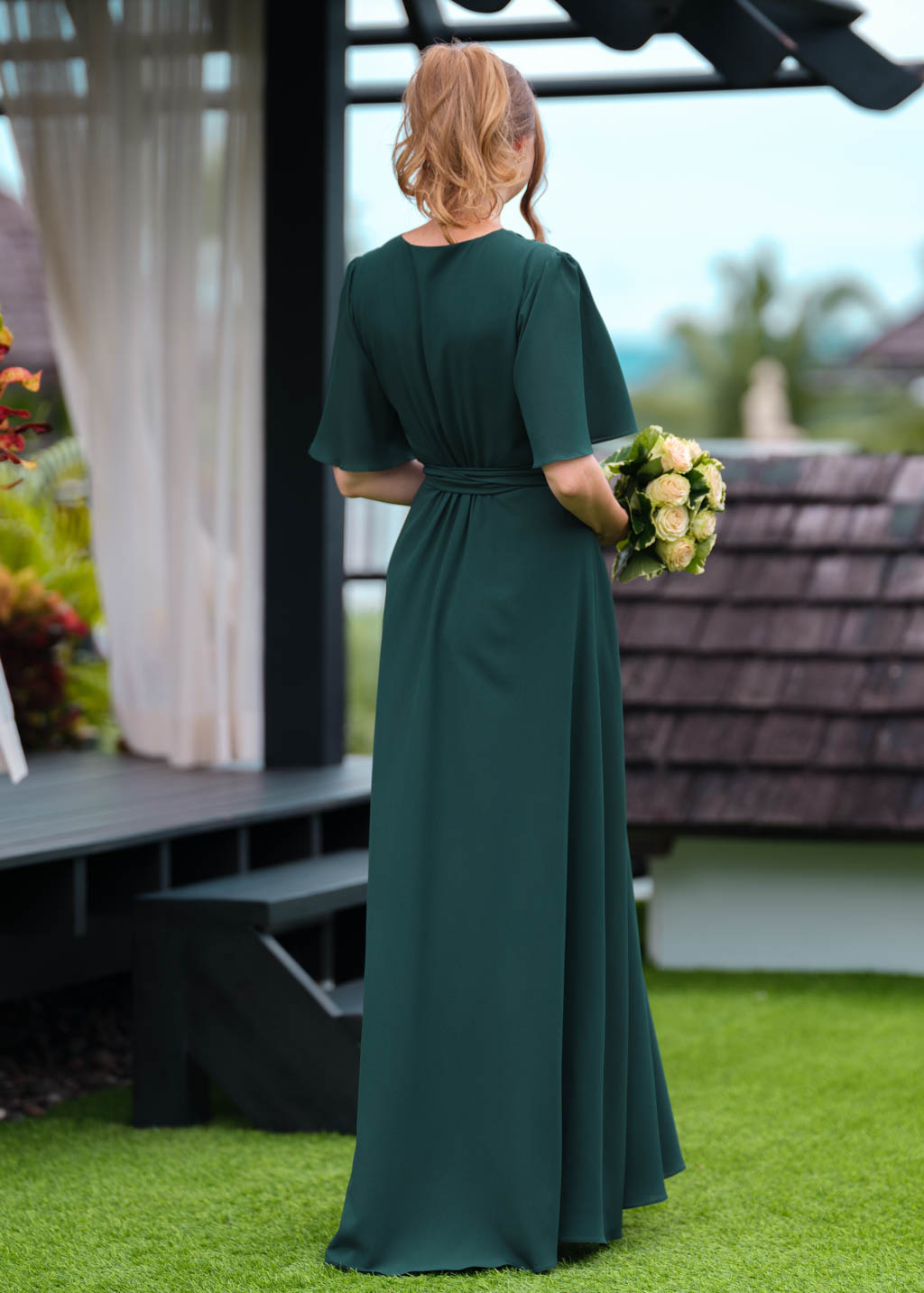 Dark green chiffon long wrap dress