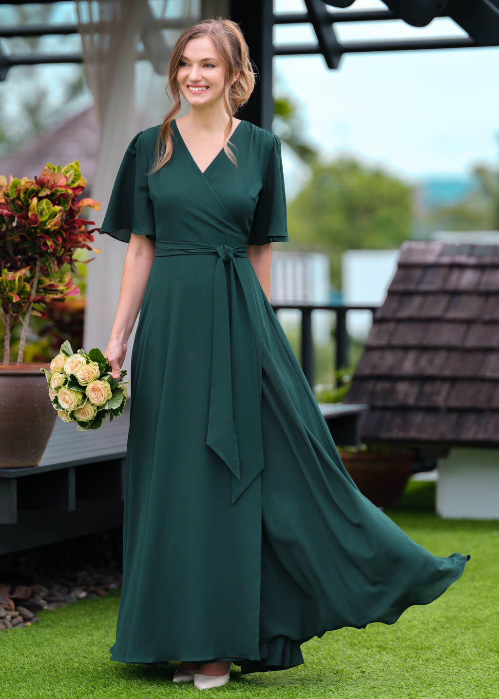 Dark green chiffon long wrap dress