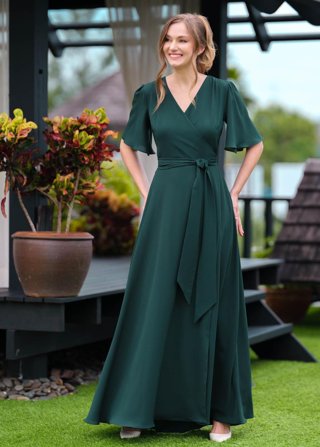 Dark green chiffon long wrap dress