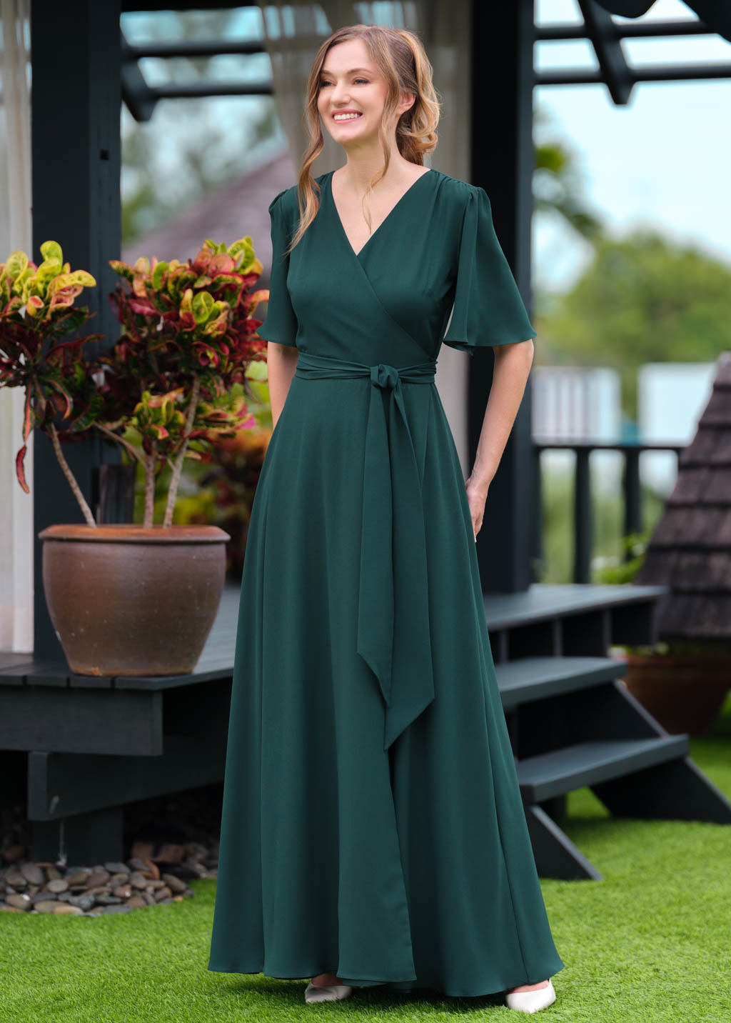 Dark green chiffon long wrap dress