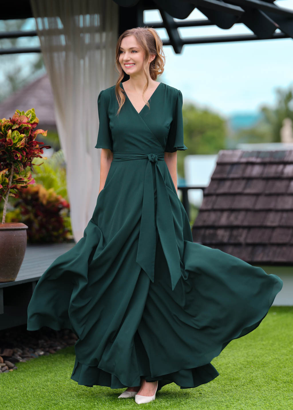 Dark green chiffon long wrap dress