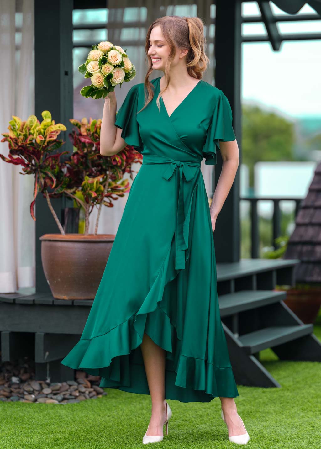 Emerald green wrap silk dress