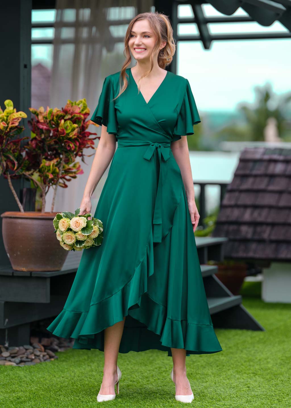 Emerald green wrap silk dress