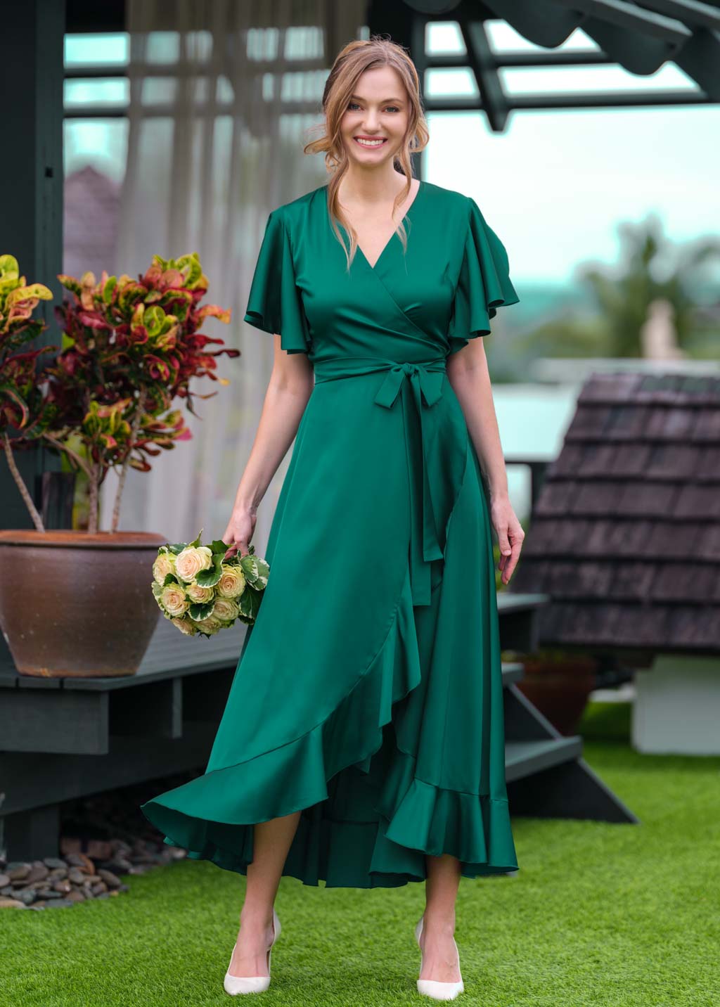 Emerald green wrap silk dress