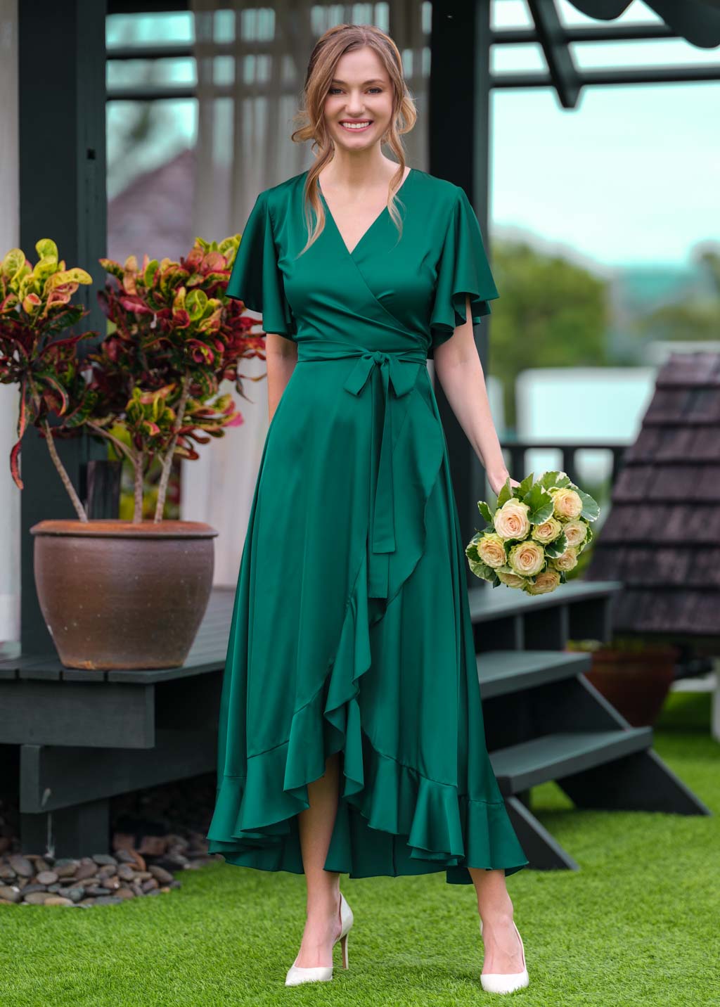 Emerald green wrap silk dress