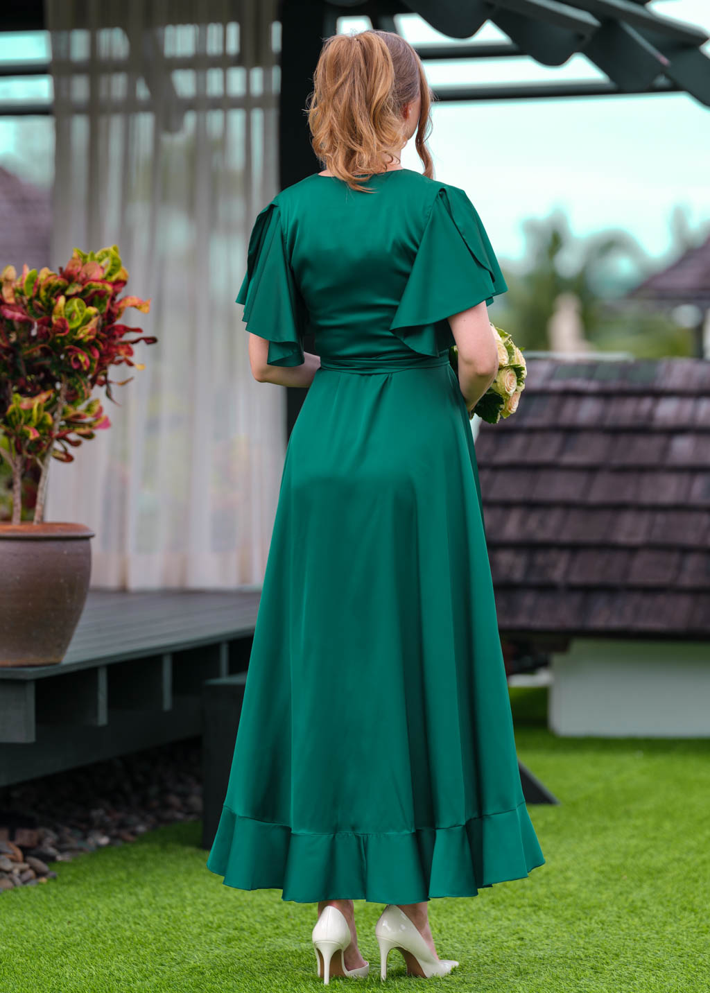 Emerald green wrap silk dress