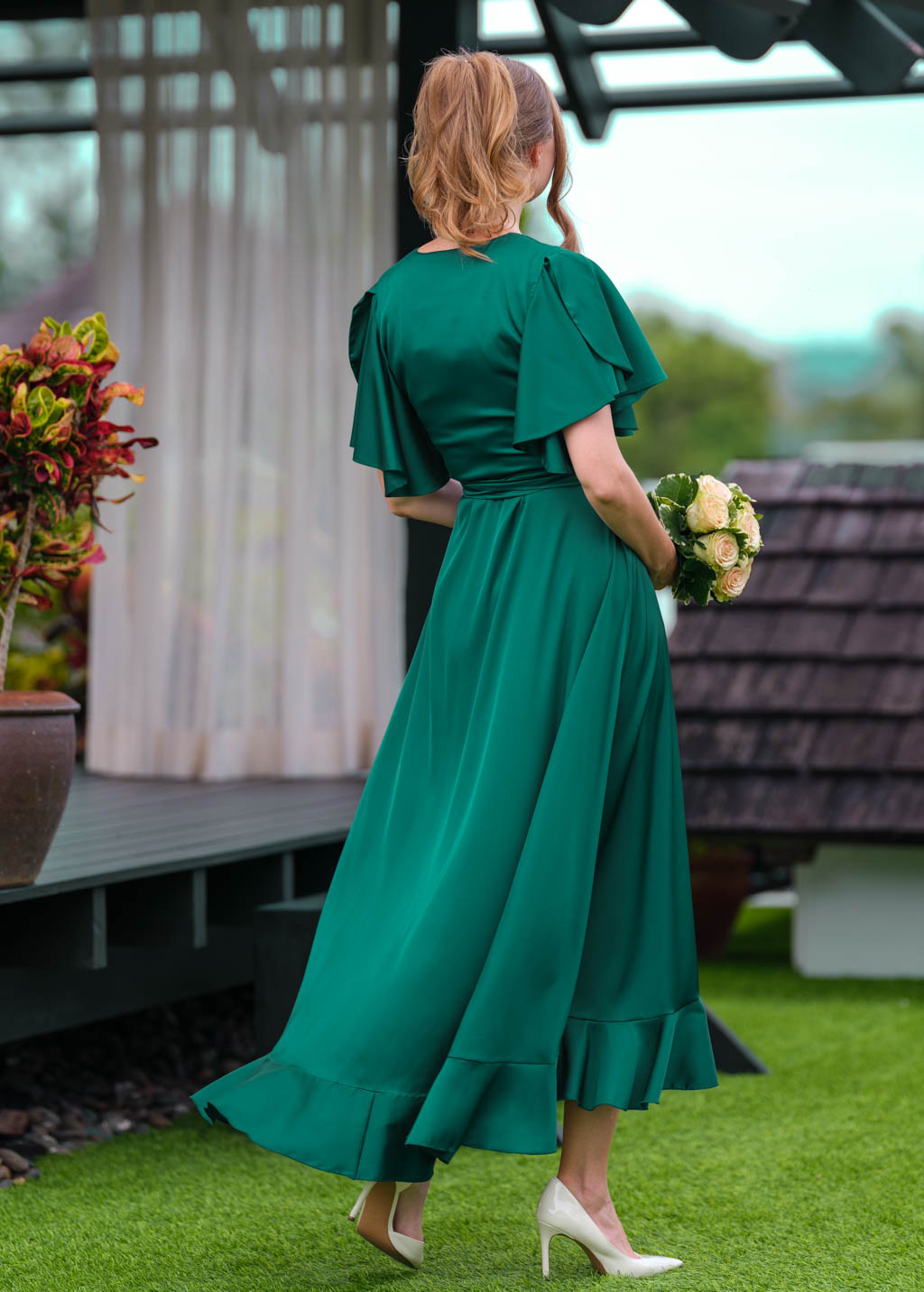 Emerald green wrap silk dress