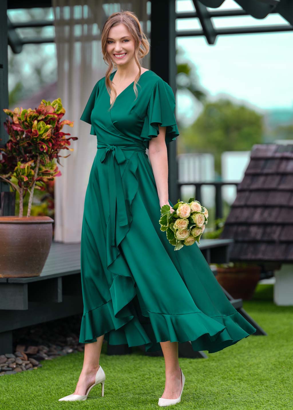 Emerald green wrap silk dress