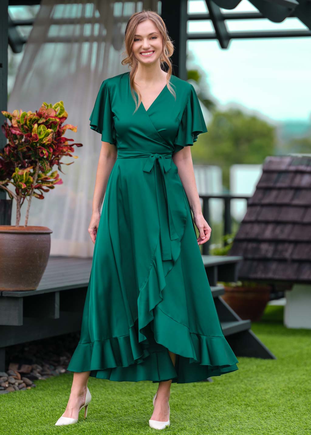 Emerald green wrap silk dress