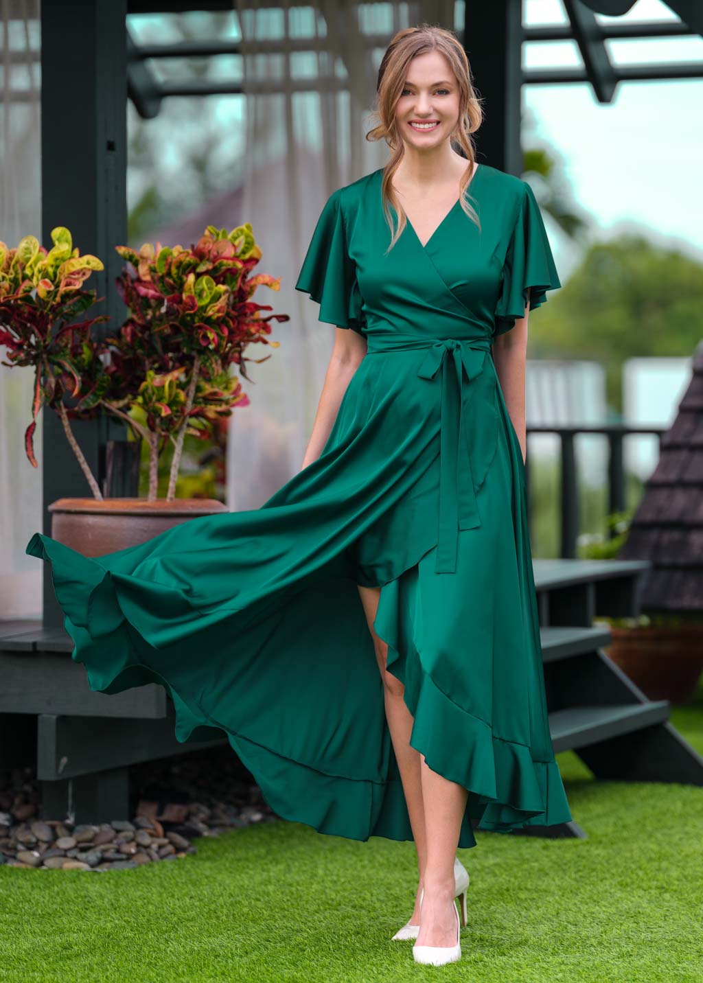 Emerald green wrap silk dress