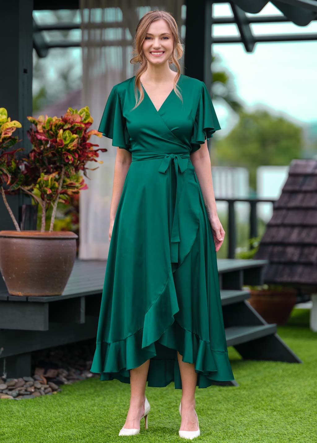 Emerald green wrap silk dress