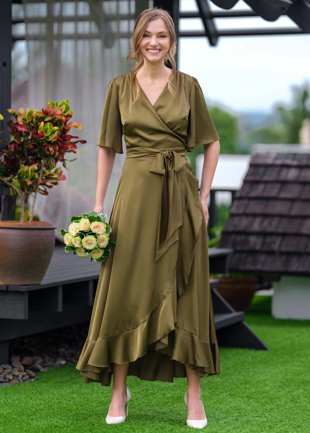 Olive wrap silk dress