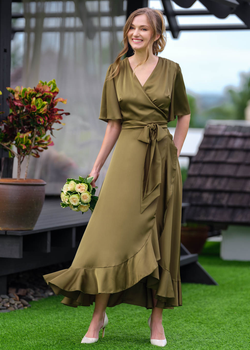 Olive wrap silk dress