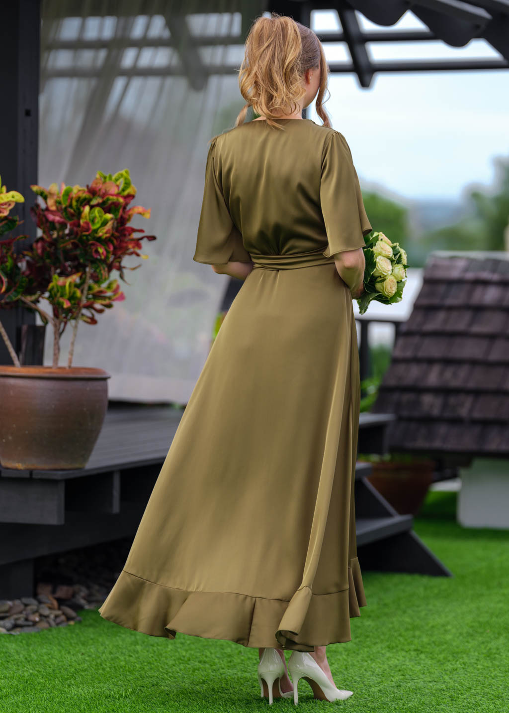 Olive wrap silk dress