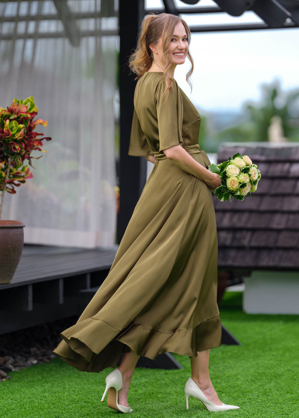 Olive wrap silk dress