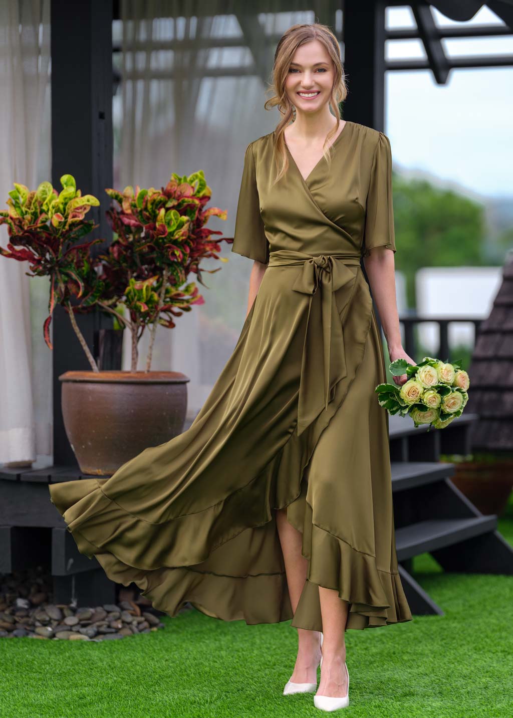 Olive wrap silk dress