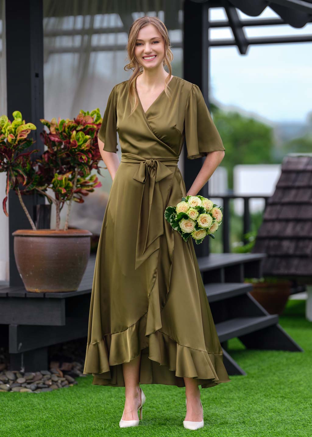 Olive wrap silk dress