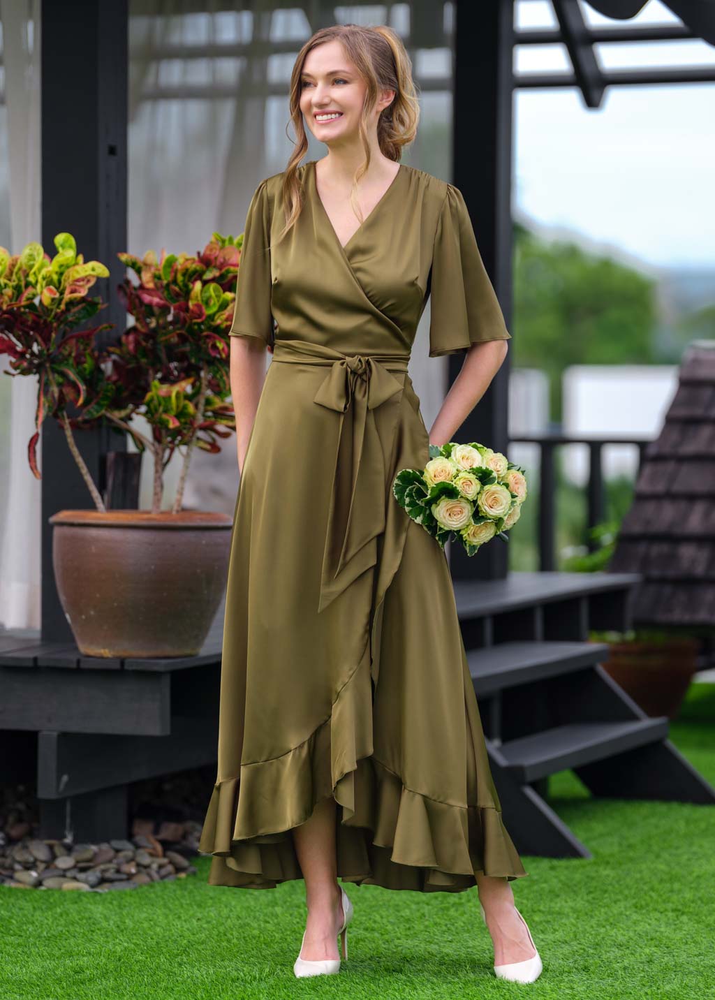 Olive wrap silk dress