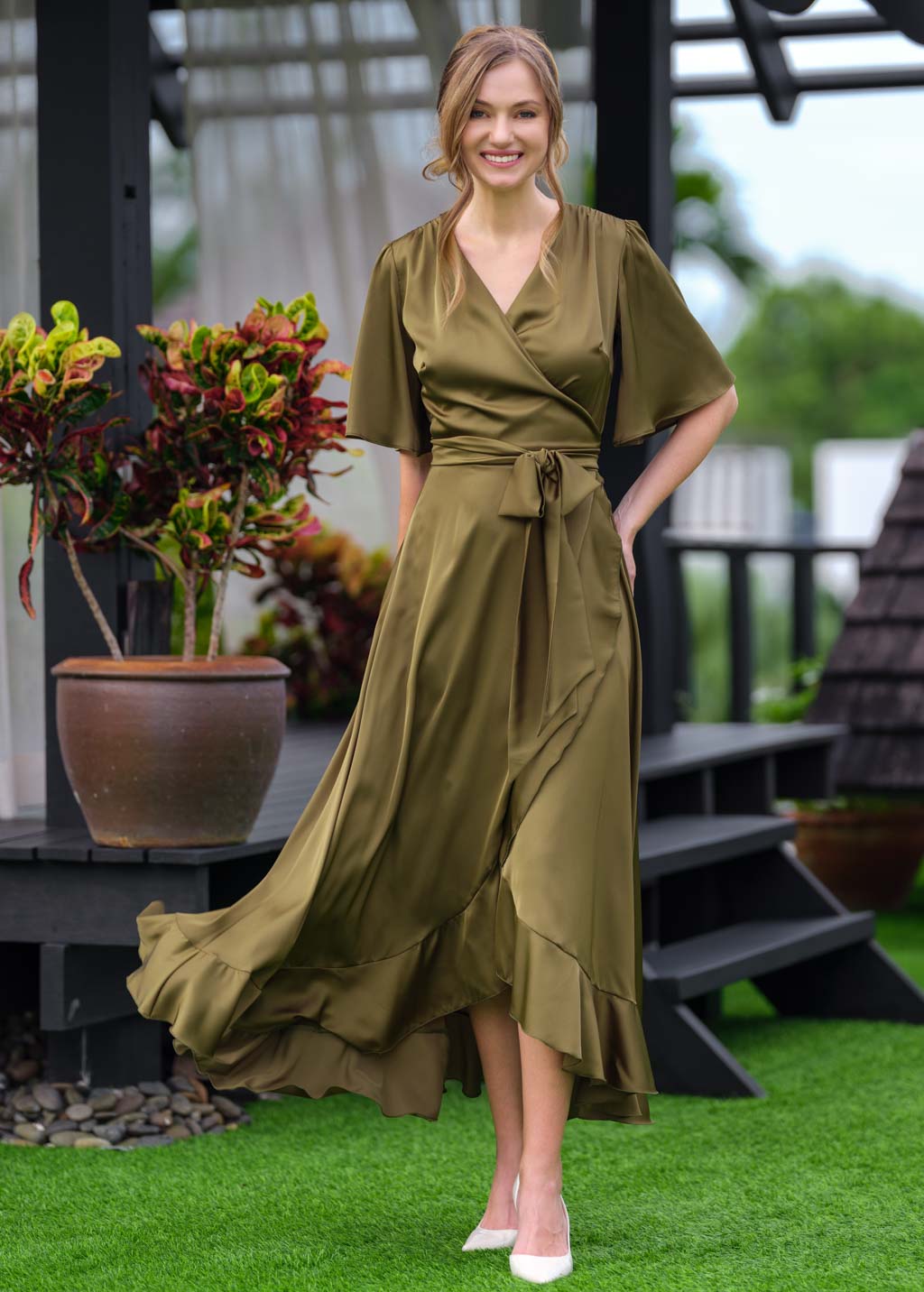 Olive wrap silk dress