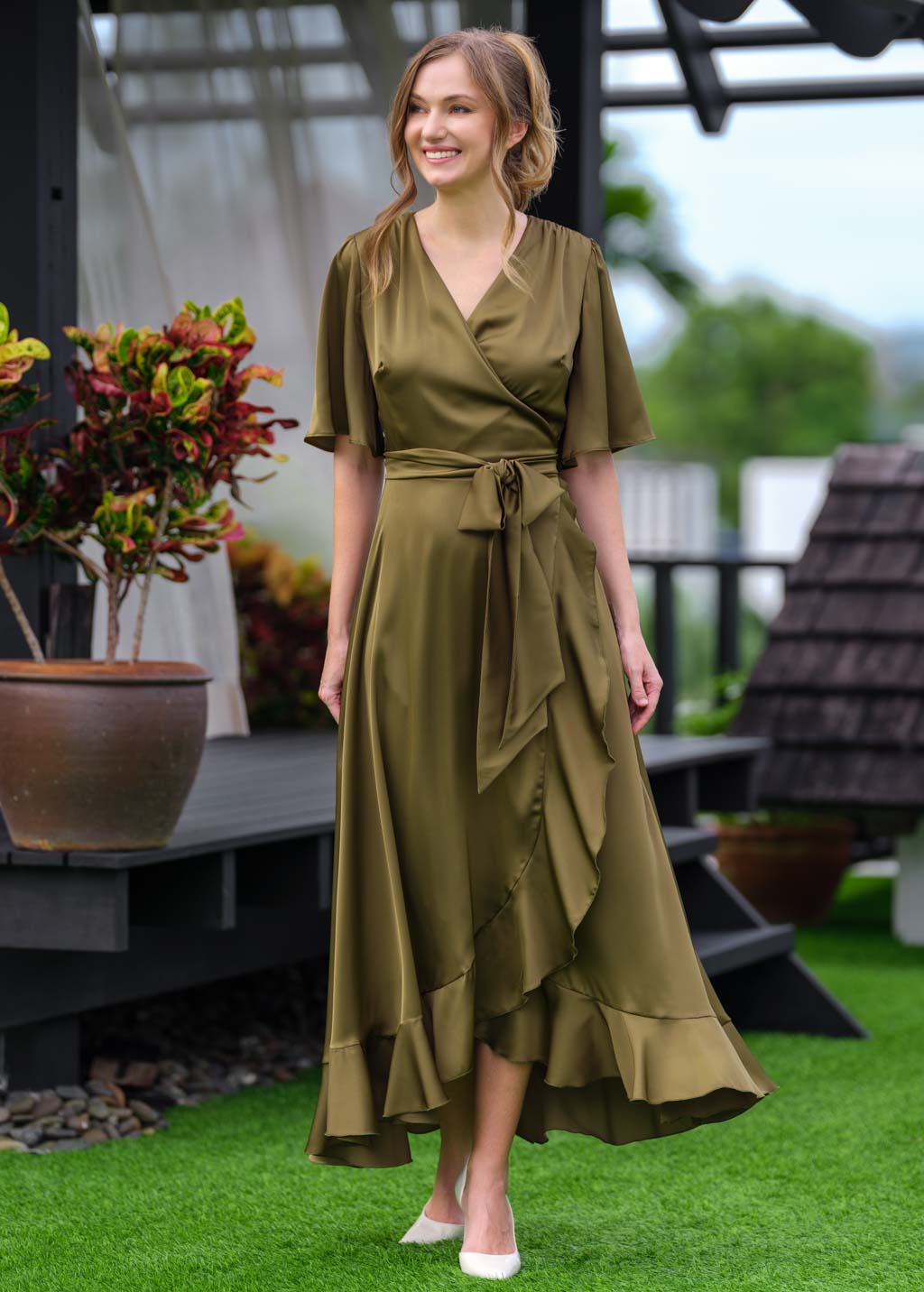 Olive wrap silk dress