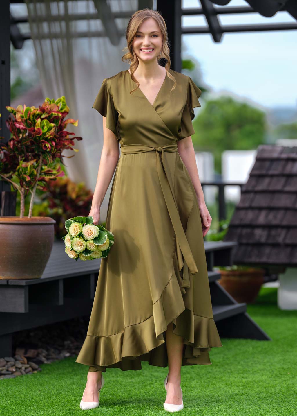 Olive wrap silk dress