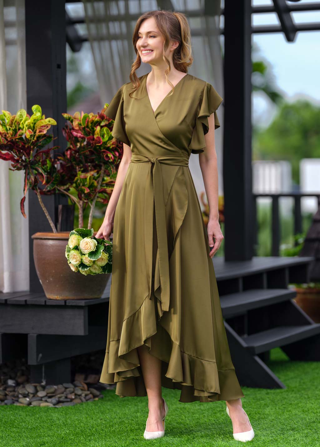 Olive wrap silk dress