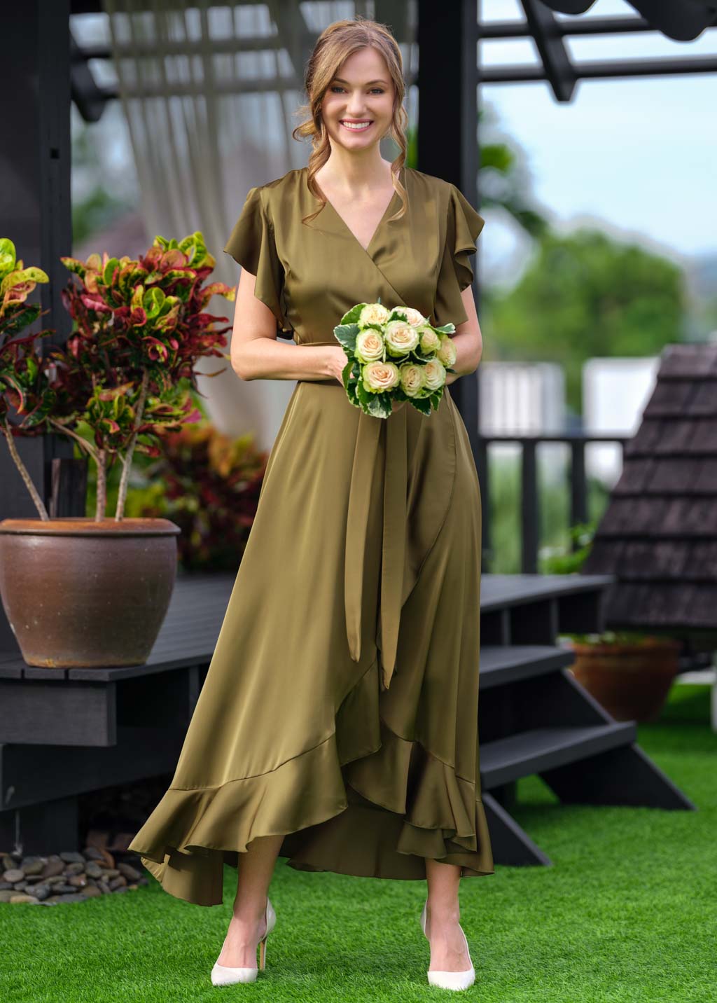 Olive wrap silk dress