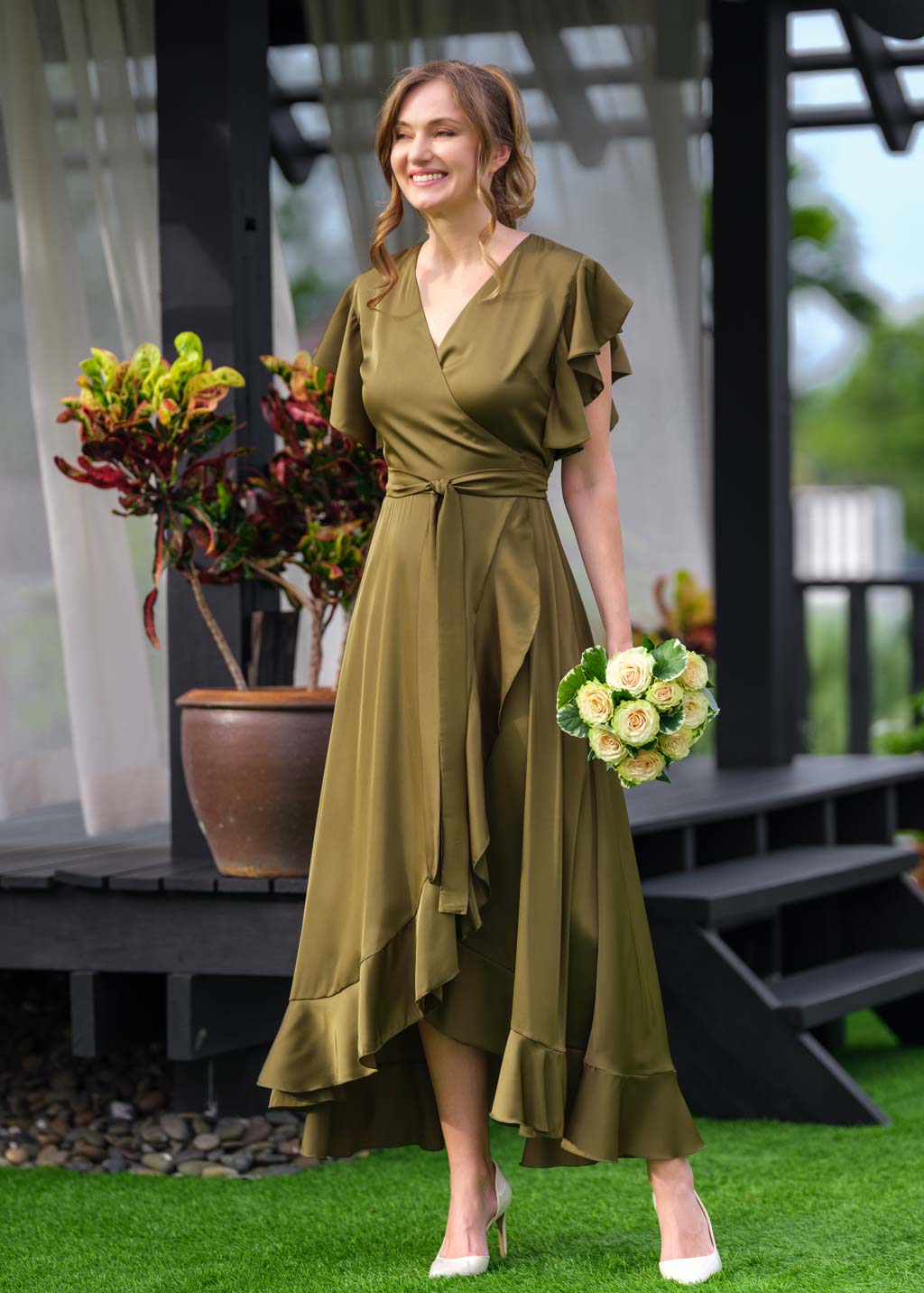 Olive wrap silk dress