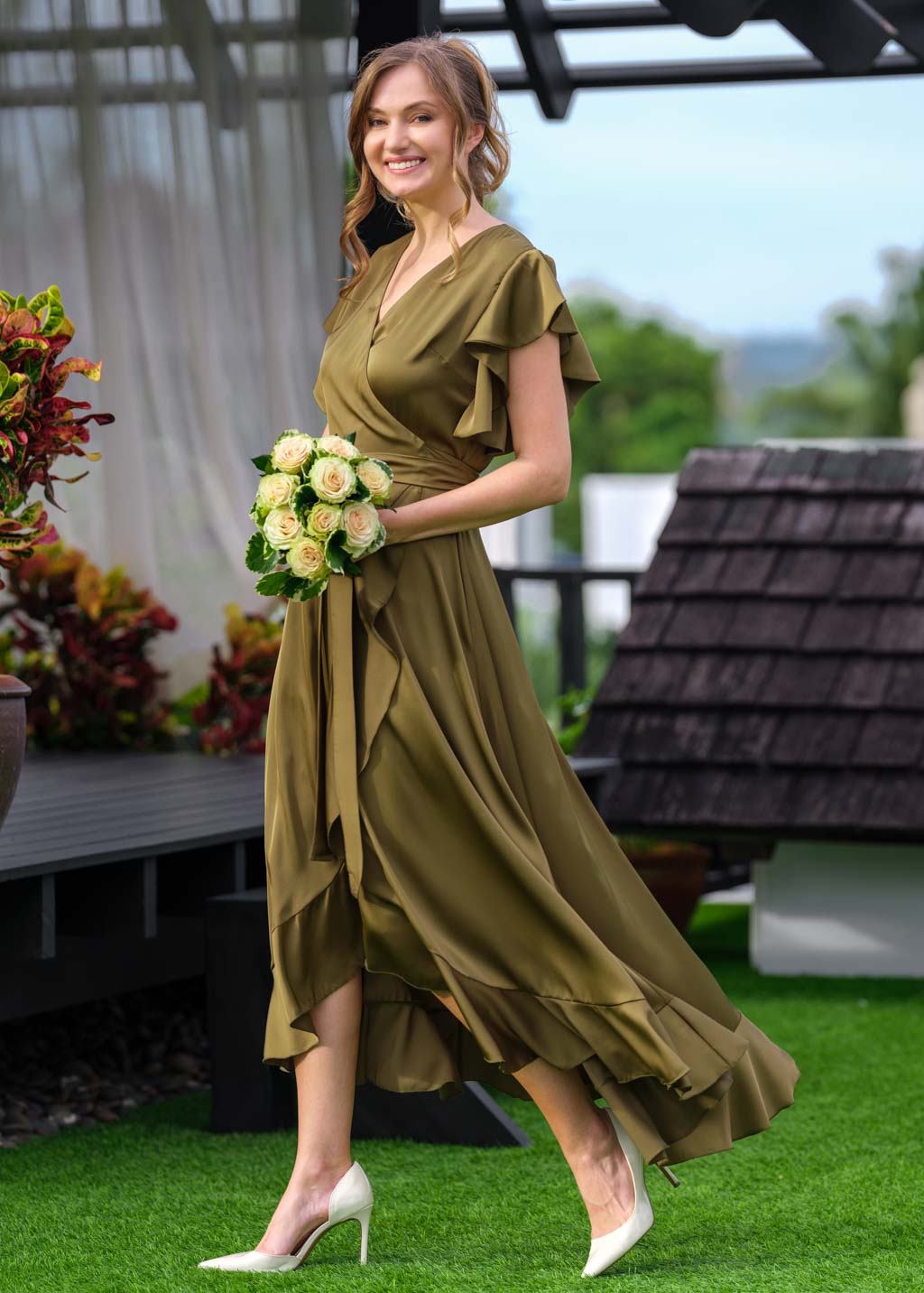 Olive wrap silk dress