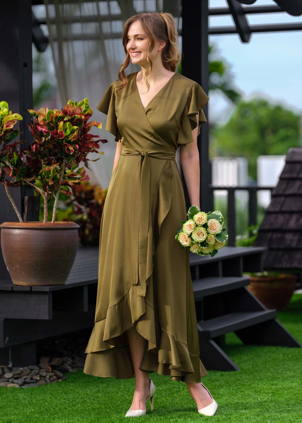 Olive wrap silk dress