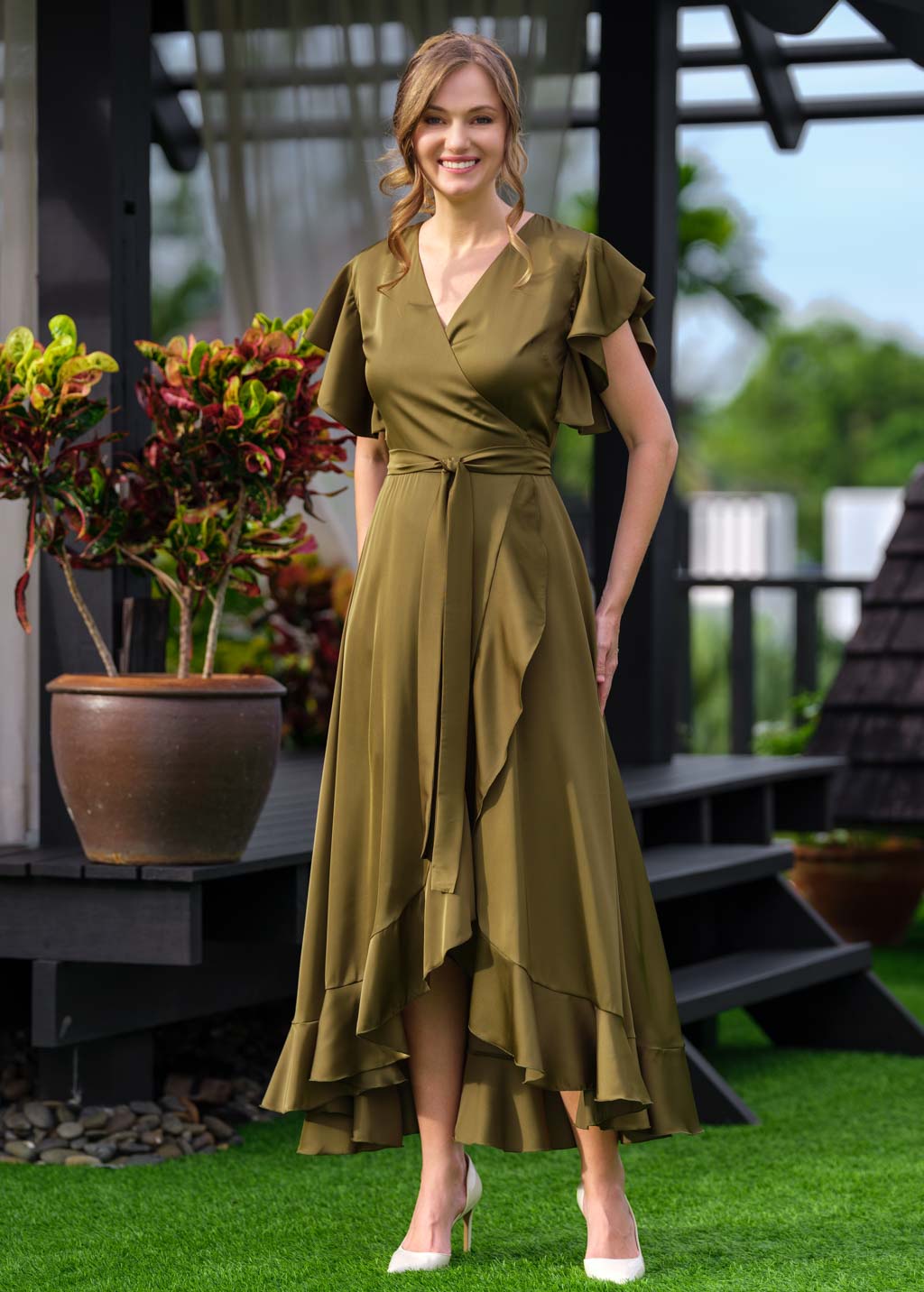 Olive wrap silk dress