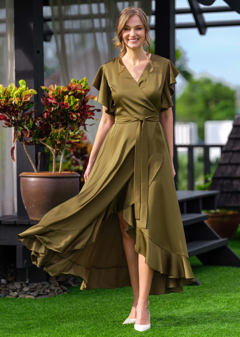 Olive wrap silk dress