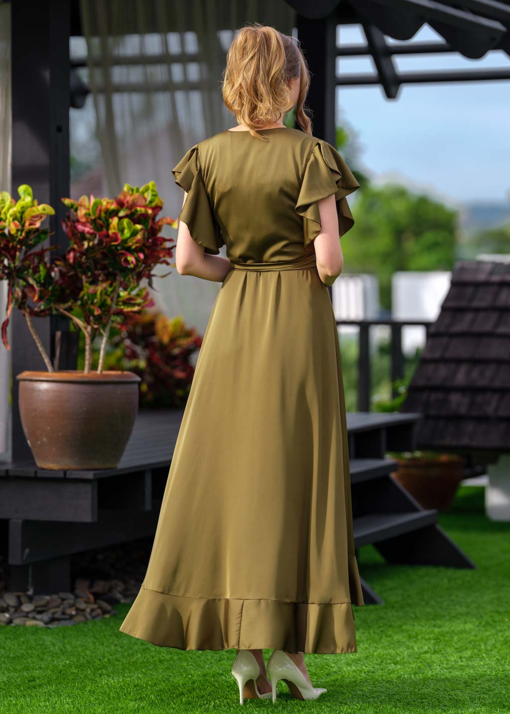 Olive wrap silk dress