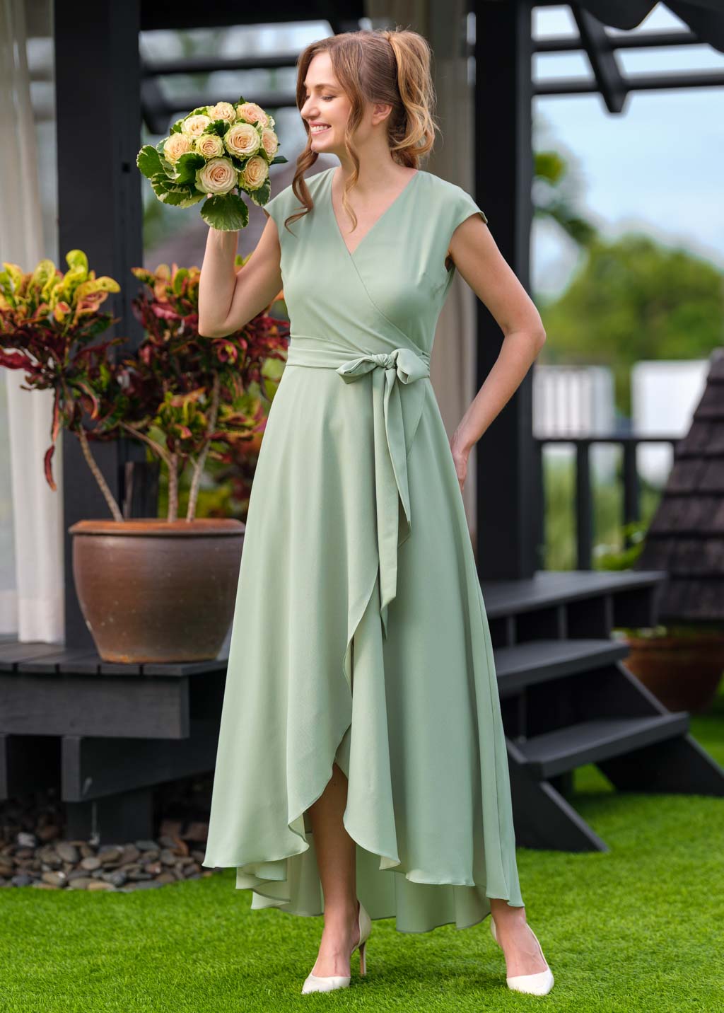 Sage green chiffon wrap dress