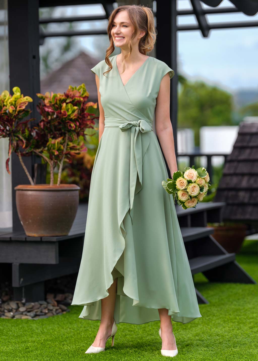 Sage green chiffon wrap dress