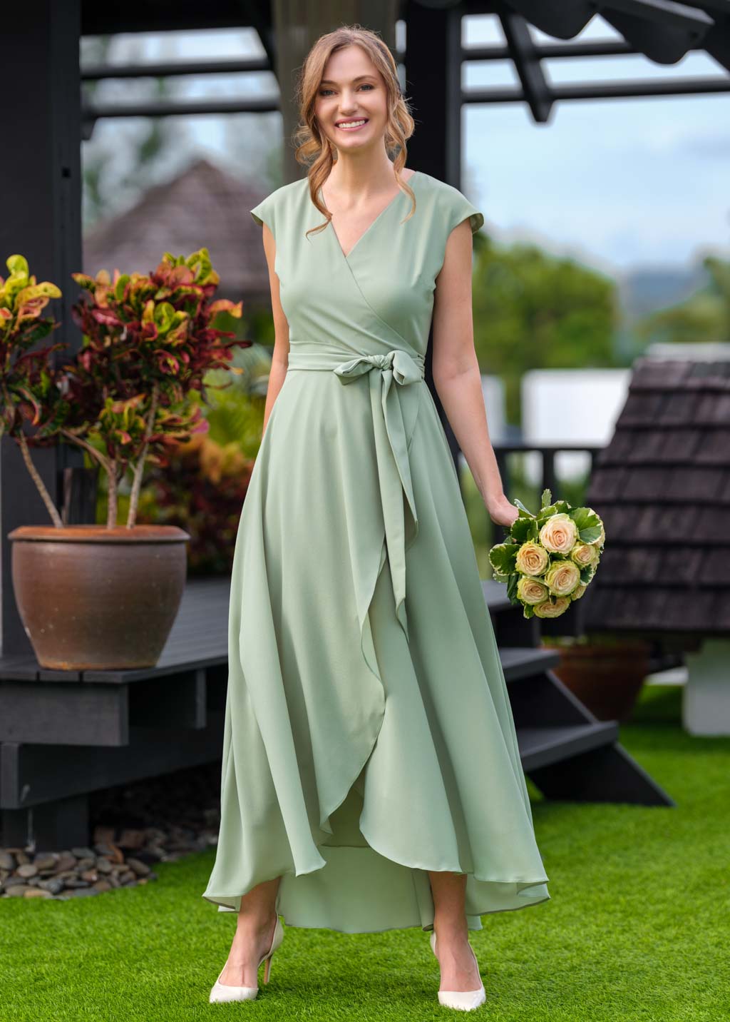 Sage green chiffon wrap dress