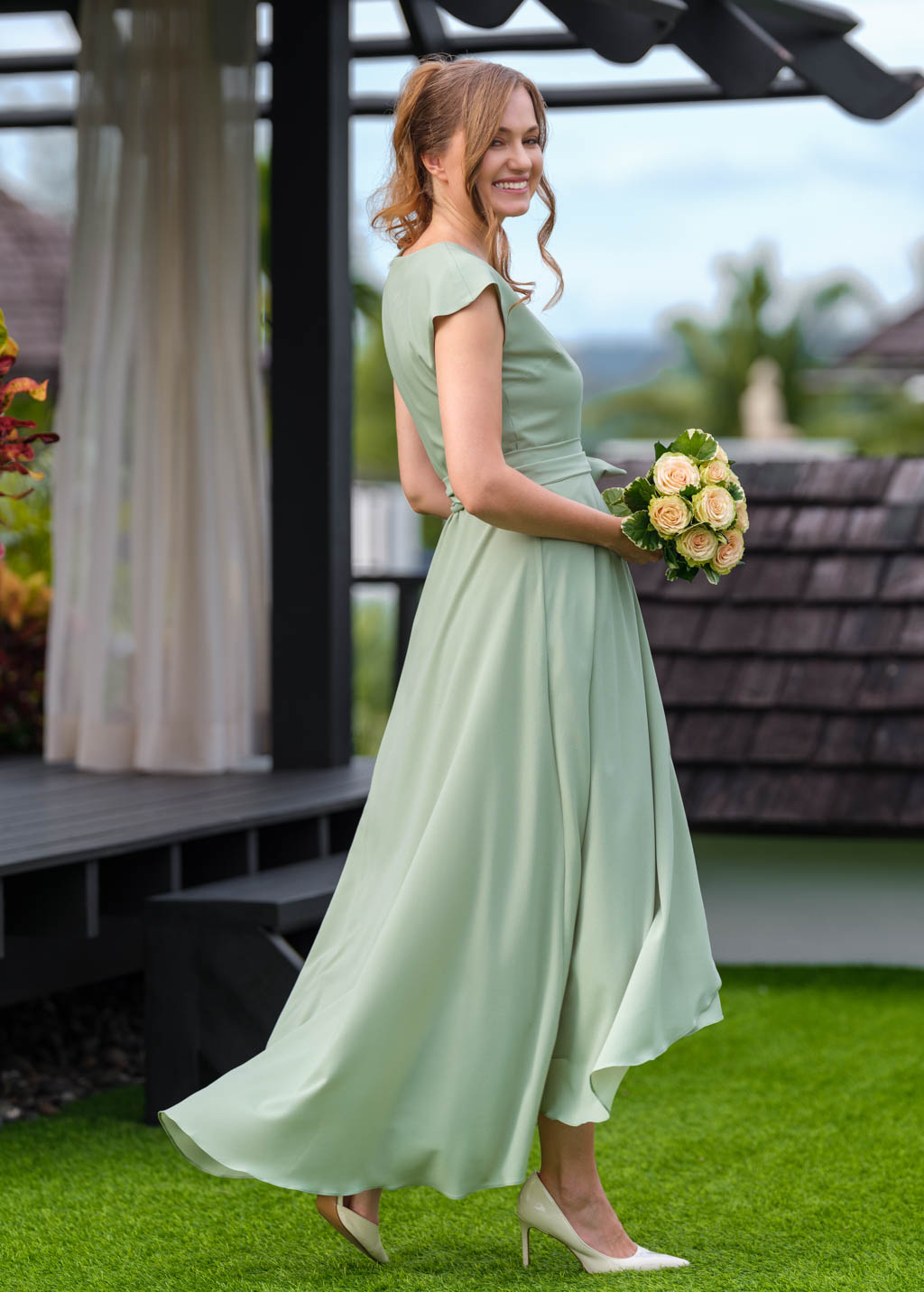 Sage green chiffon wrap dress