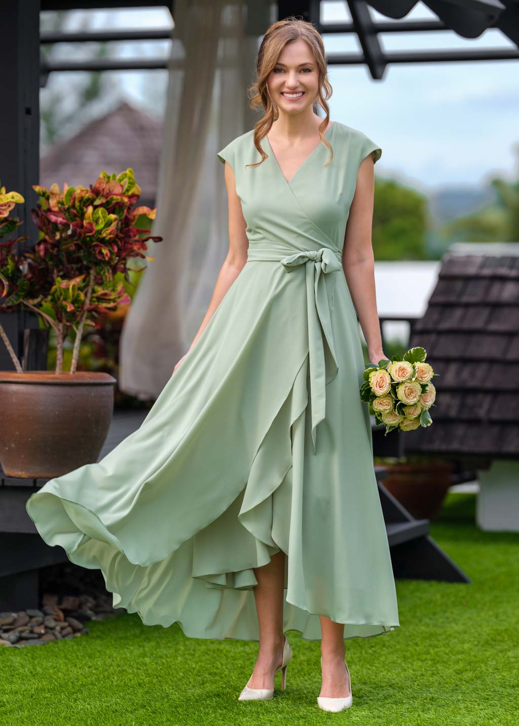 Sage green chiffon wrap dress