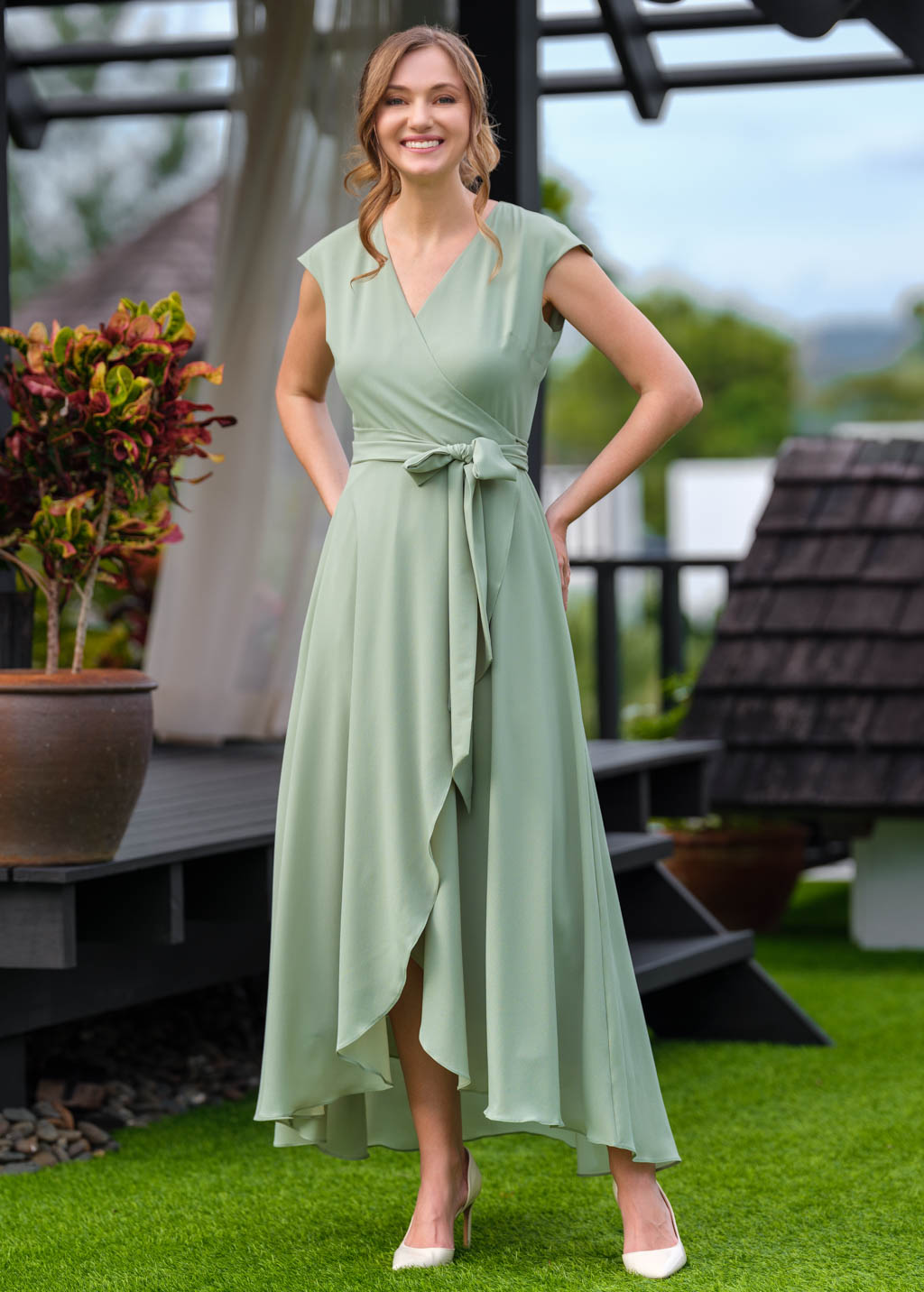 Sage green chiffon wrap dress