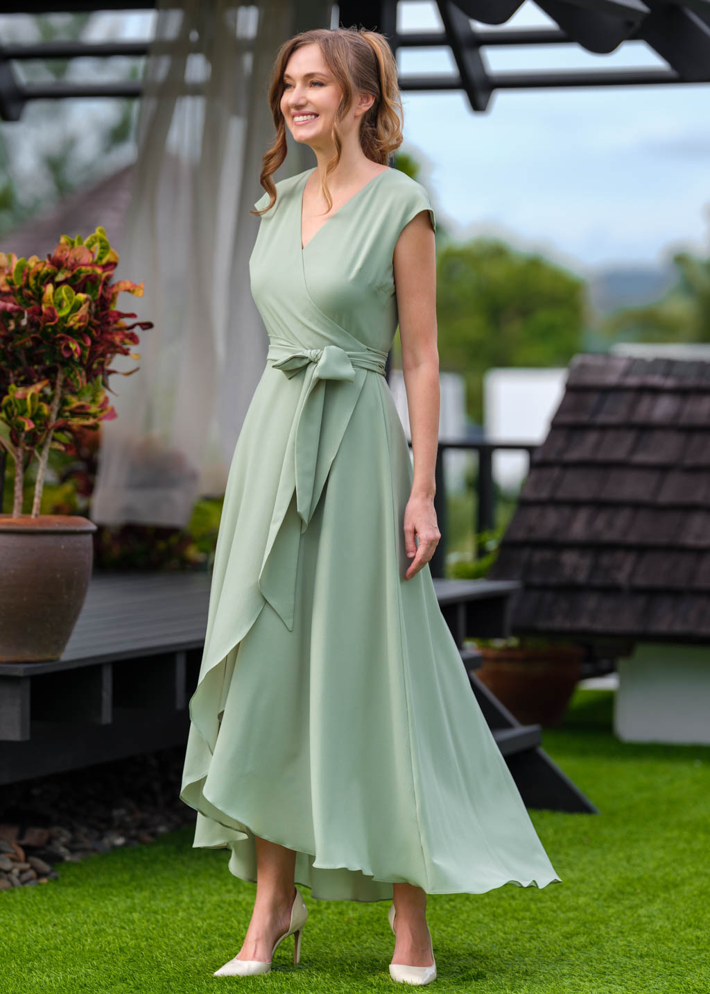 Sage green chiffon wrap dress