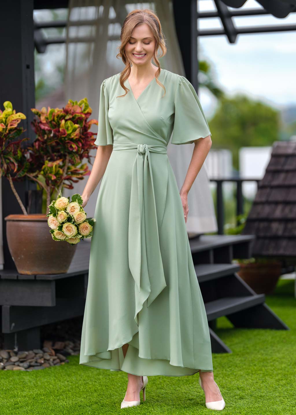 Sage green chiffon wrap dress