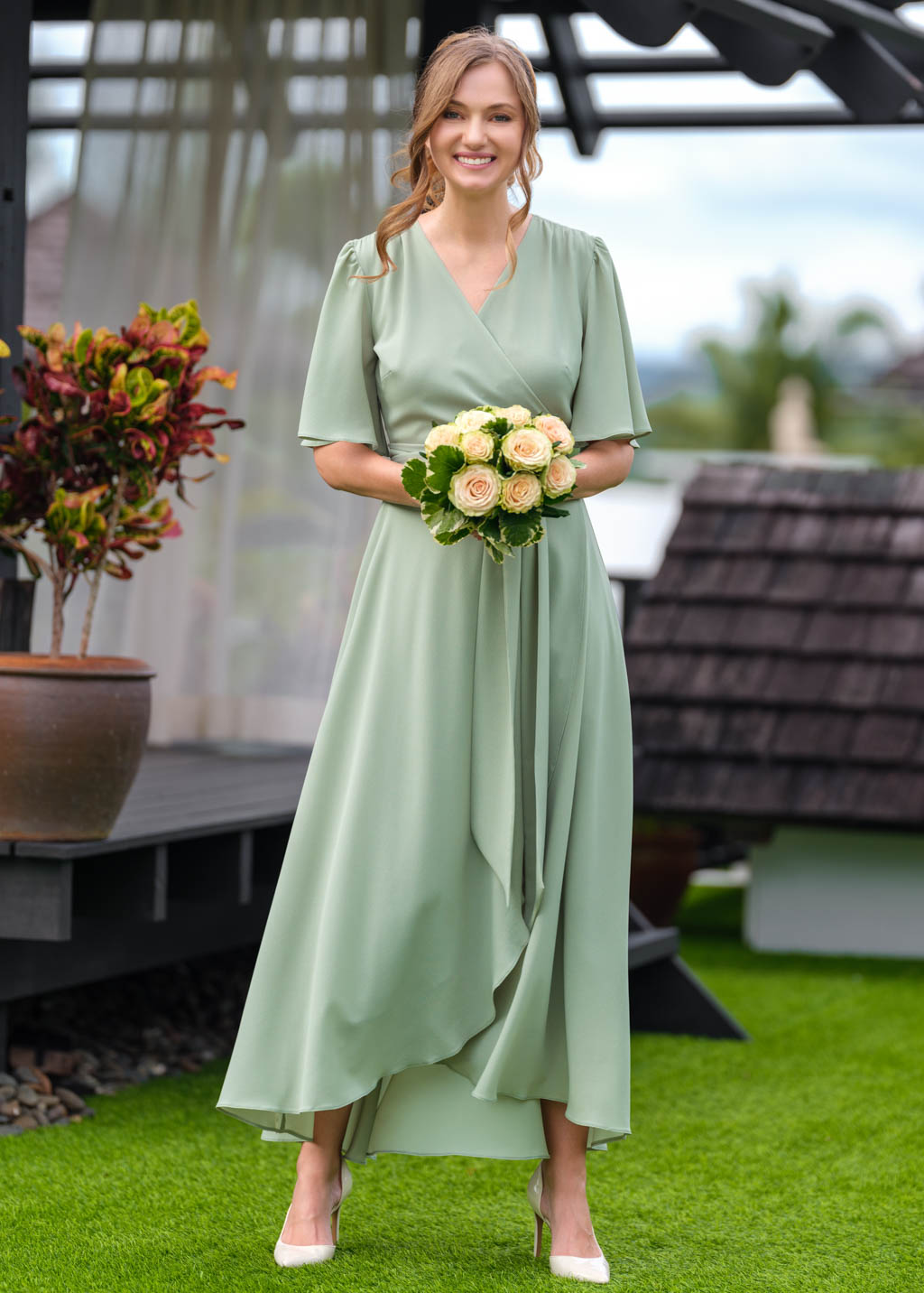 Sage green chiffon wrap dress