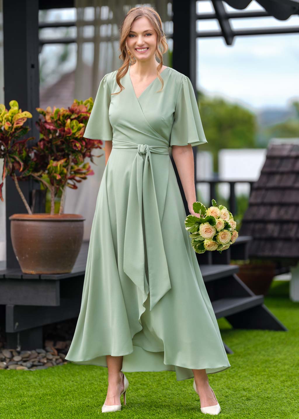 Sage green chiffon wrap dress